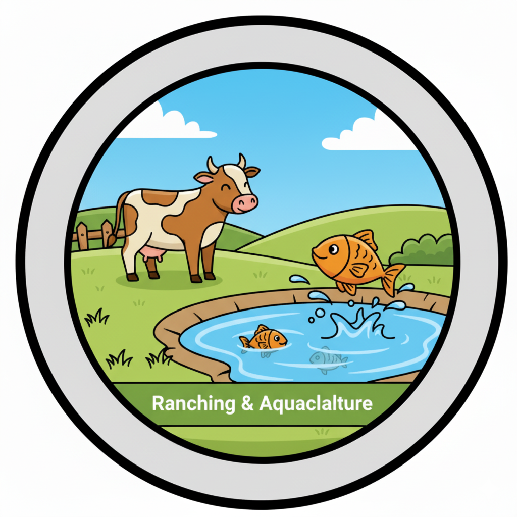 Ranching & Aquaculture Icon (Cow, Fish)
